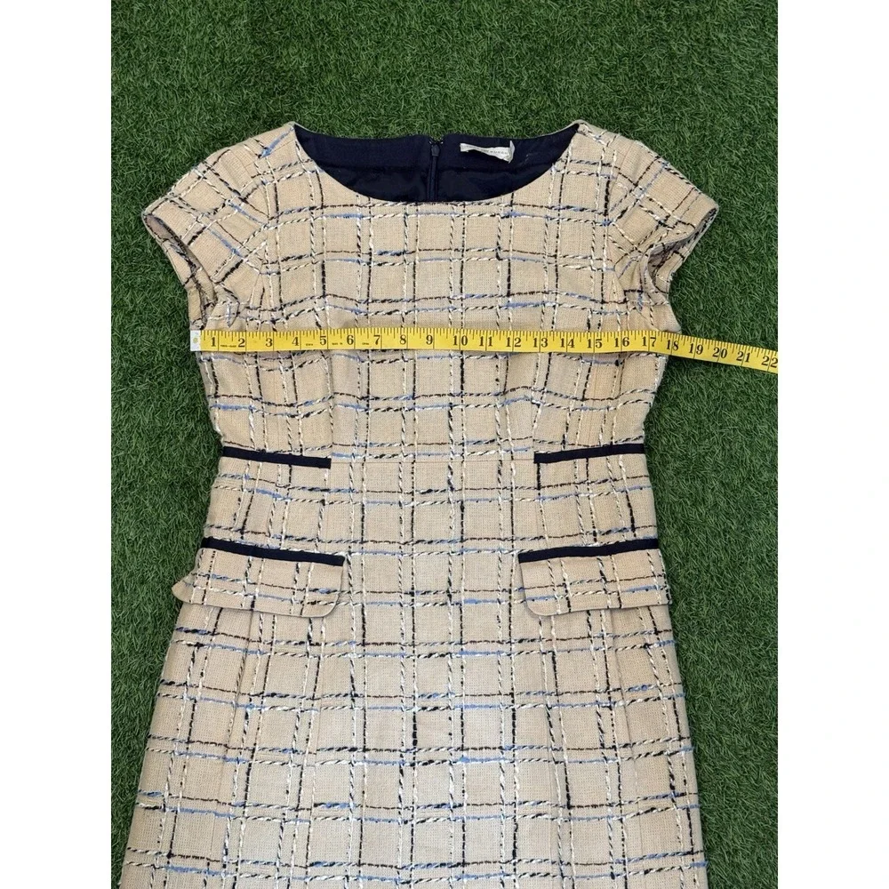 Tory Burch Evie‎ Career Dress Size 10 Woven Neutral Tan Blue Quiet Luxury